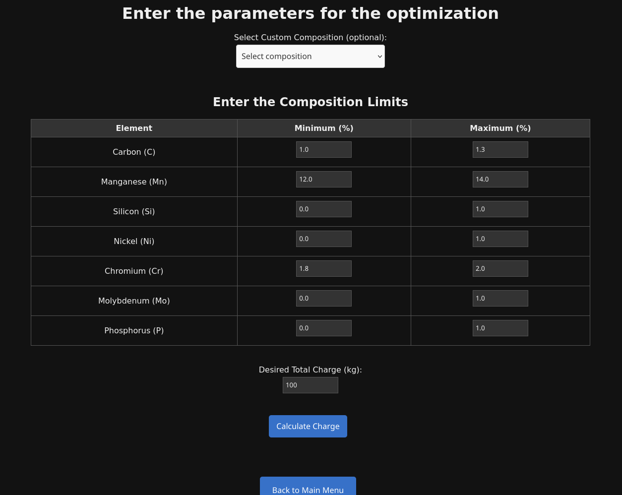 Pantalla de entrada de Foundry Charge Optimizer: límites de composición por elemento y carga total deseada